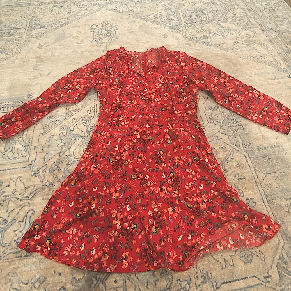 Red dress with small floral pattern (white, pink flowers with green leaves)